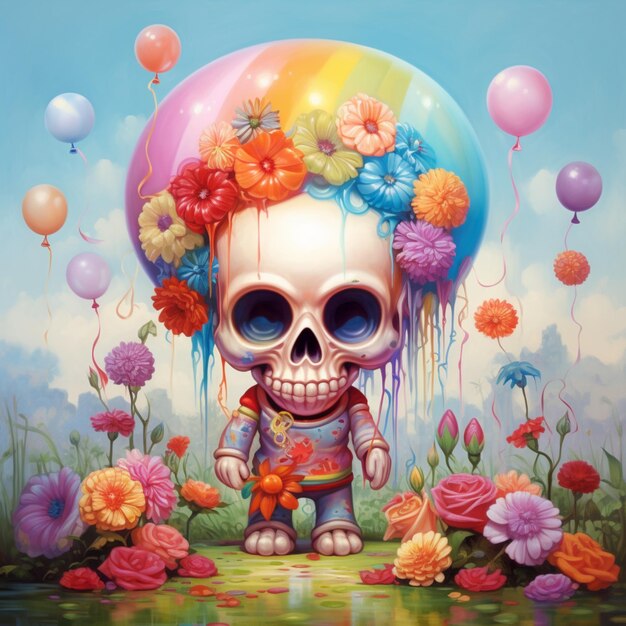 schilderij van een skelet met een kleurrijke hoed en bloemen in een veld generatieve ai