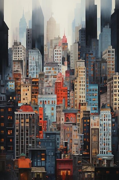 schilderij van een stad met hoge gebouwen en een paar gebouwen generatieve ai