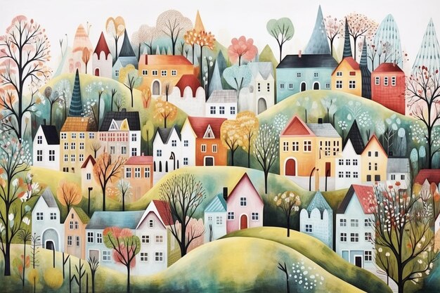 schilderij van een stad met veel huizen en bomen generatieve ai