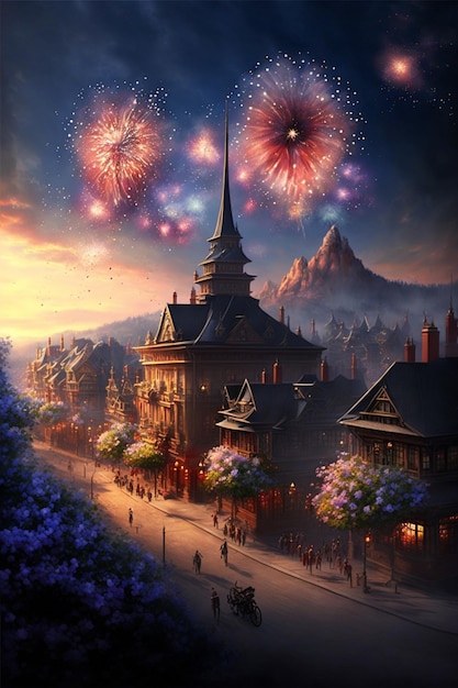 Schilderij van een stad met vuurwerk in de lucht generatieve ai