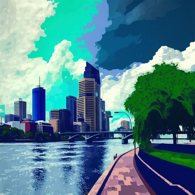 schilderij van een stads skyline met een rivier en een brug generatieve ai