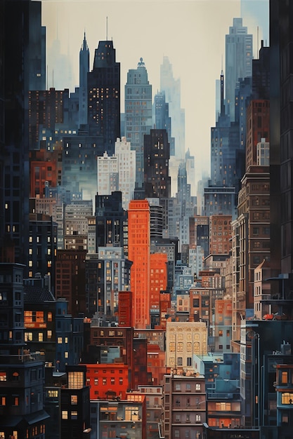 schilderij van een stadsbeeld met veel hoge gebouwen generatieve ai
