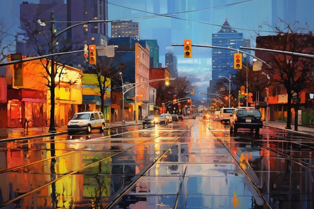 schilderij van een stadsstraat met auto's en verkeerslichten op een regenachtige dag generatieve ai
