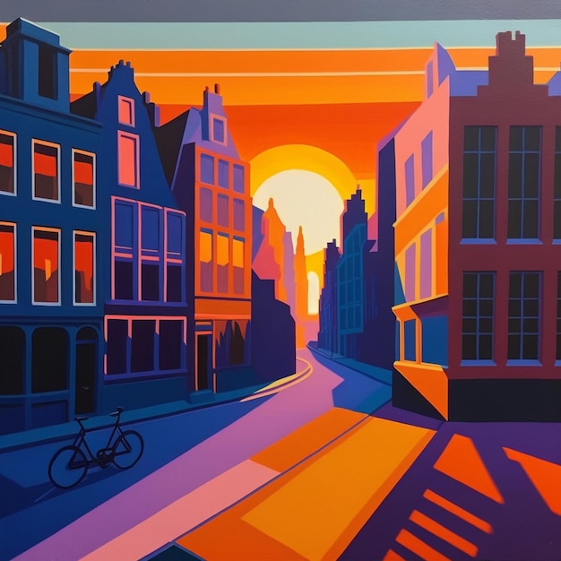 schilderij van een stadsstraat met een fiets geparkeerd aan de zijkant generatieve ai