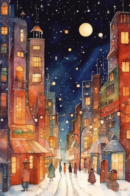 Schilderij van een stadsstraat met mensen die er 's nachts doorheen lopen generatieve ai