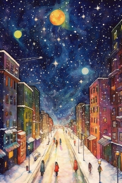Schilderij van een stadsstraat met mensen die er 's nachts op lopen generatieve ai