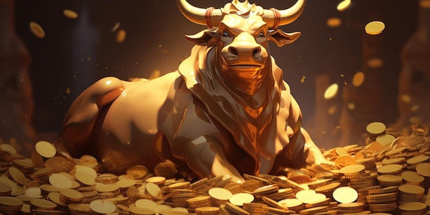 Foto schilderij van een stier die in een stapel gouden munten staat generatieve ai