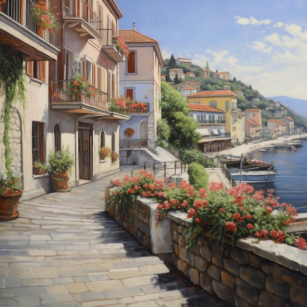 Schilderij van een straat met bloemen en boten op het water generatieve ai