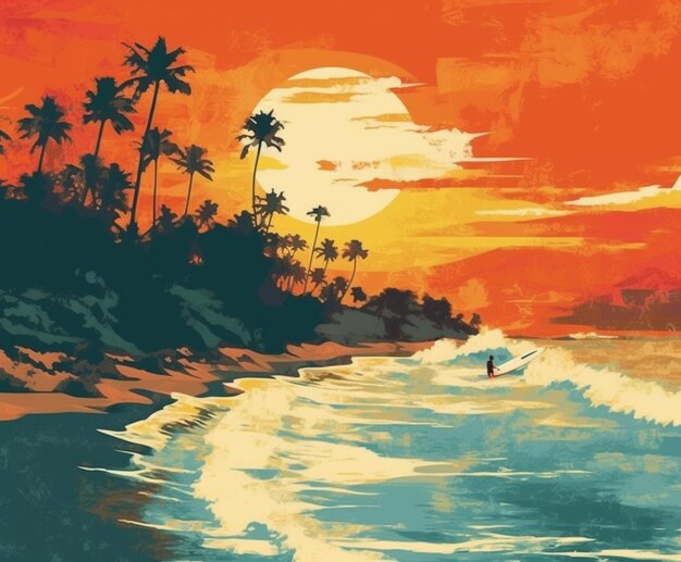Foto schilderij van een surfer op een strand bij zonsondergang met palmbomen generatieve ai