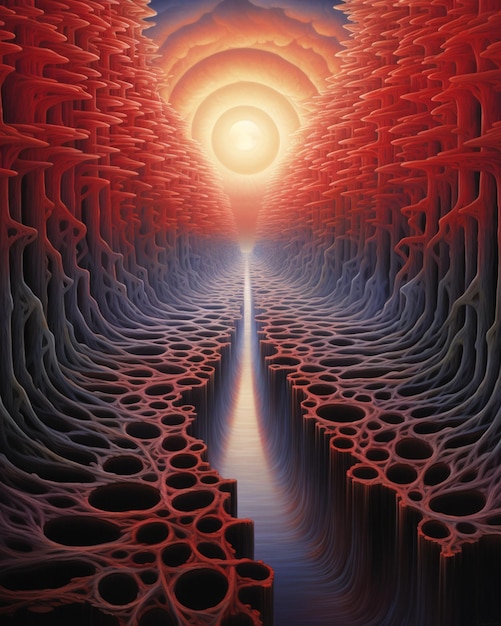 Foto schilderij van een surrealistische scène met een zonsondergang over een doolhof generatieve ai