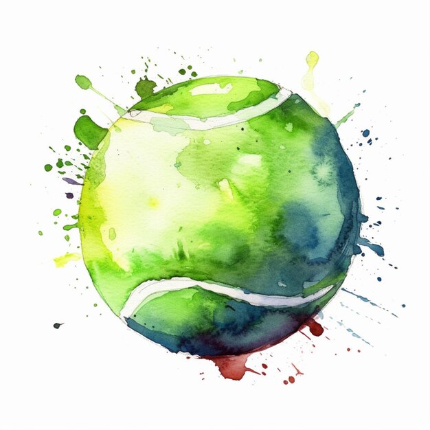 Foto schilderij van een tennisbal met een gespatte groene en gele achtergrond generatieve ai