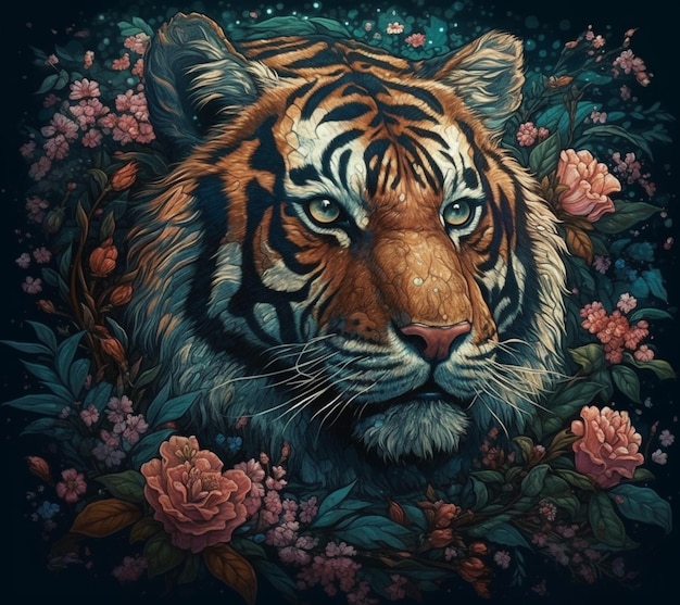 Schilderij van een tijger in een veld van bloemen met een donkere achtergrond generatieve ai