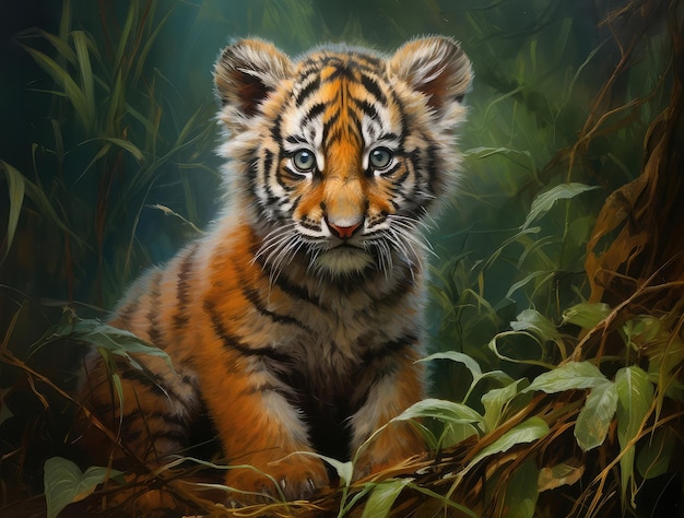 Schilderij van een tijgerwelp in het bos