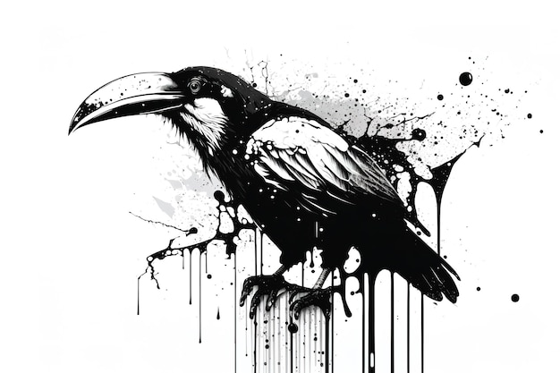 Schilderij van een toekanvogeltekening met penseel en zwarte inkt Bird Wildlife Illustration Generative AI