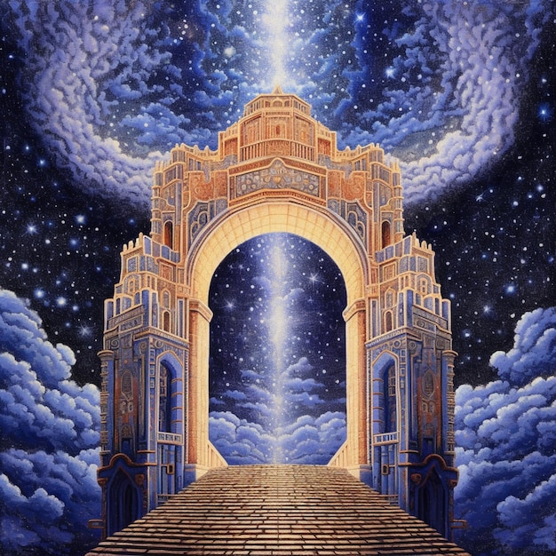 Schilderij van een trap die naar een hemel leidt met een ster aan de hemel generatieve ai