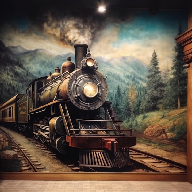 schilderij van een trein op tentoonstelling in een museum met een berg achtergrond generatieve ai