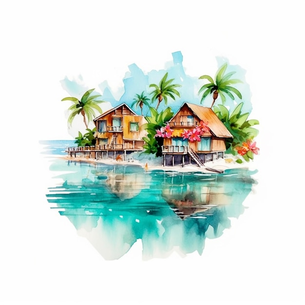 schilderij van een tropisch eiland met een huis en een boot generatieve ai