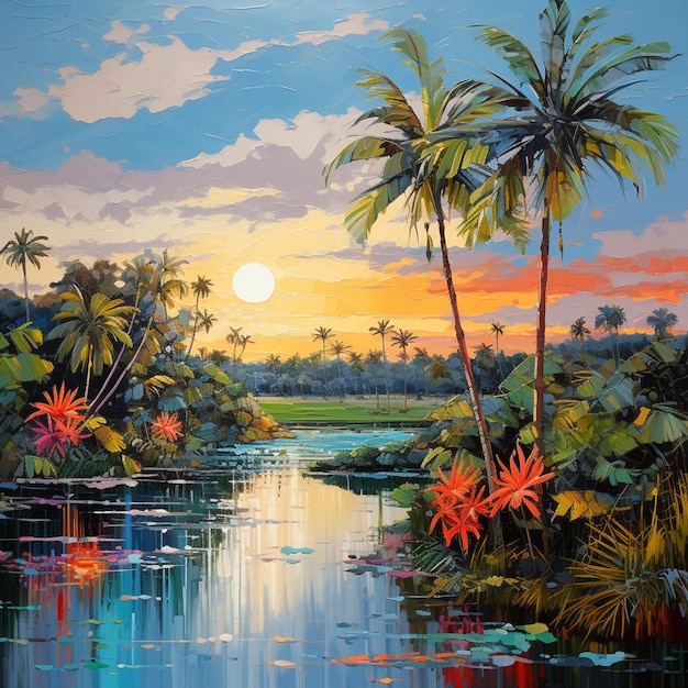 schilderij van een tropisch tafereel met palmbomen en watergenerator ai