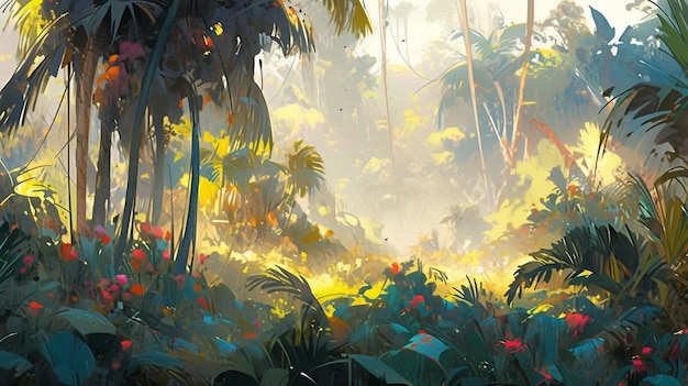 schilderij van een tropische jungle met palmbomen en bloemen generatieve ai