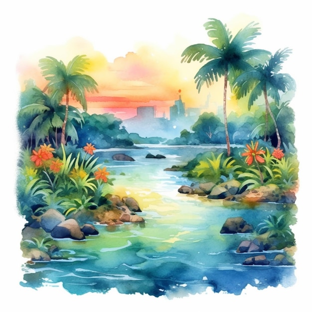Schilderij van een tropische rivier met palmbomen en rotsen generatieve ai