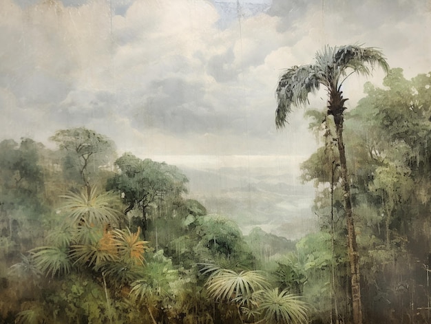 schilderij van een tropische scène met een palmboom en een rivier generatieve ai