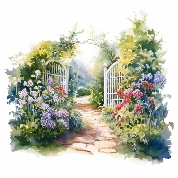 schilderij van een tuin met een pad en een poort generatieve ai