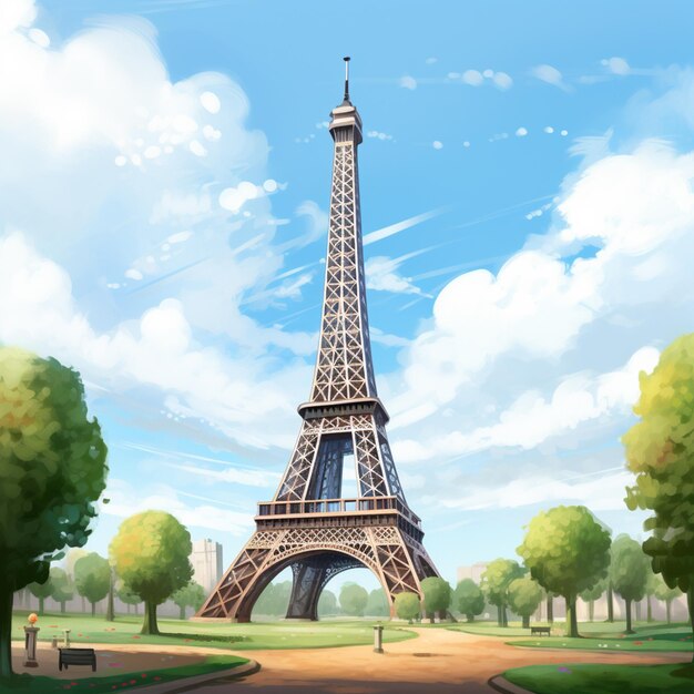 schilderij van een uitzicht op de Eiffeltoren vanuit het park generatieve ai