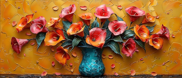 Foto schilderij van een vaas met bloemen op een gele achtergrond met bladeren