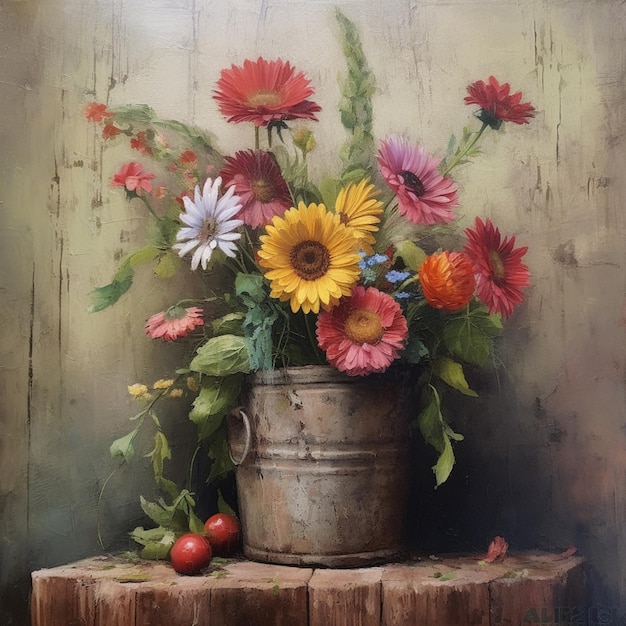 Foto schilderij van een vaas met bloemen op een houten tafel met appels generatieve ai