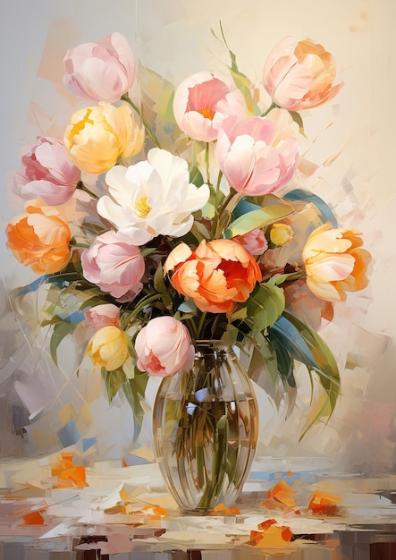 schilderij van een vaas met bloemen op een tafel met bladeren generatieve ai