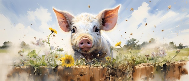 schilderij van een varken in een veld met bloemen en gras generatieve ai