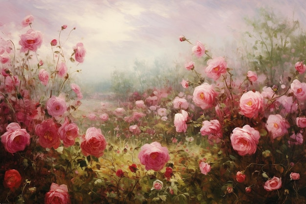 Schilderij van een veld met roze rozen met een hemelachtergrond generatieve ai