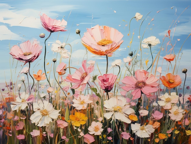 Schilderij van een veld van bloemen met een blauwe hemel op de achtergrond generatieve ai