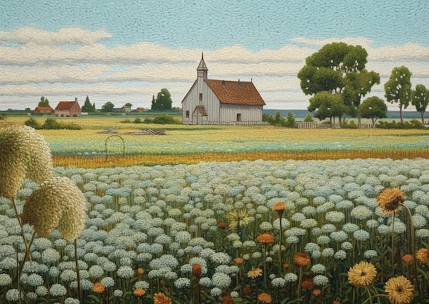 Schilderij van een veld van paardenbloemen en een kerk in de verte generatieve ai