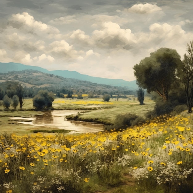 Schilderij van een veld van wilde bloemen en een rivier in de verte generatieve ai