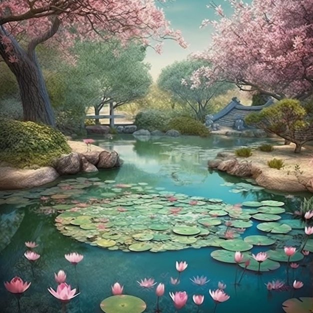 Schilderij van een vijver met waterlelies en een brug generatieve ai