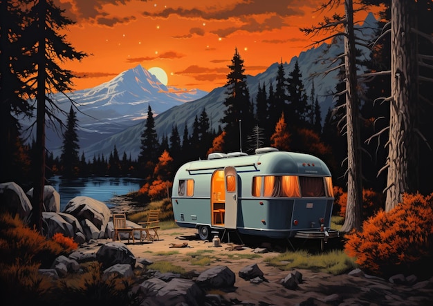 Schilderij van een vintage camper geparkeerd in een bos met een berg op de achtergrond generatieve ai