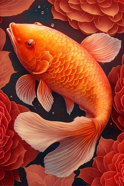 Schilderij van een vis omringd door bloemen generatieve ai