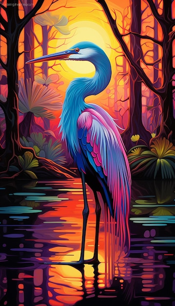 schilderij van een vogel die in een vijver staat met een zonsondergang op de achtergrond generatieve ai