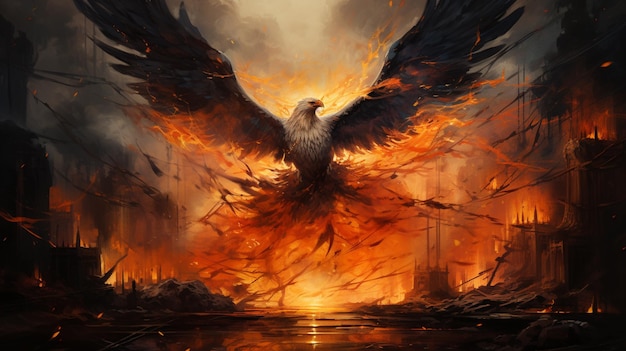 schilderij van een vogel die over een stad vliegt met vlammen generatieve ai