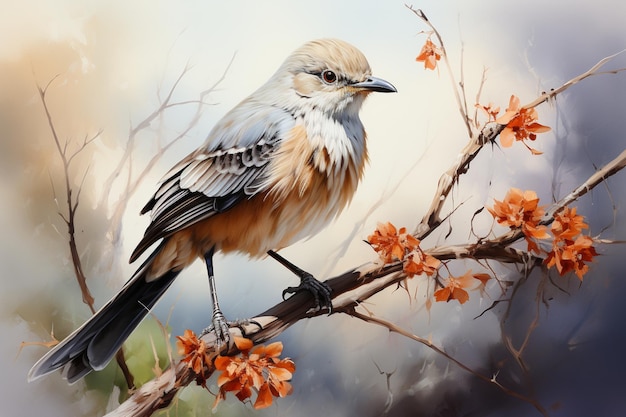 schilderij van een vogel op een tak met oranje bloemen generatieve ai