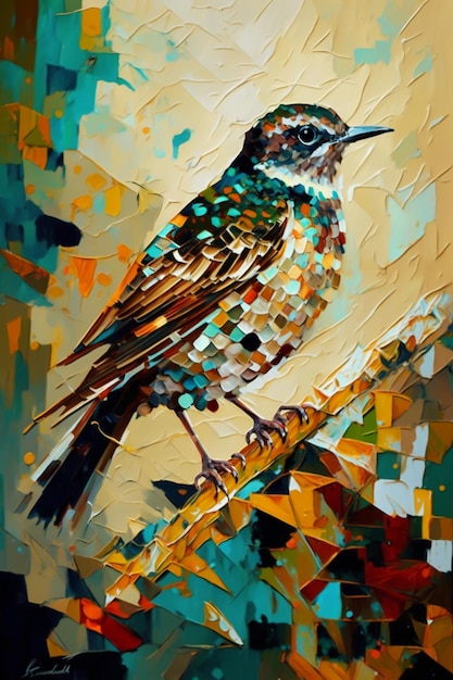 Schilderij van een vogel zittend op een tak met een gele achtergrond generatieve ai