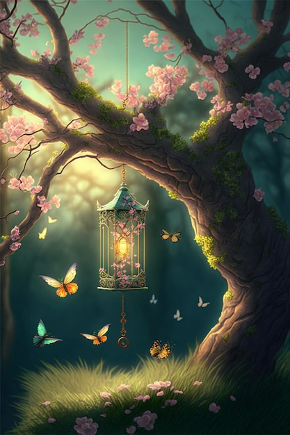 Schilderij van een vogelkooi hangend aan een boom generatieve ai