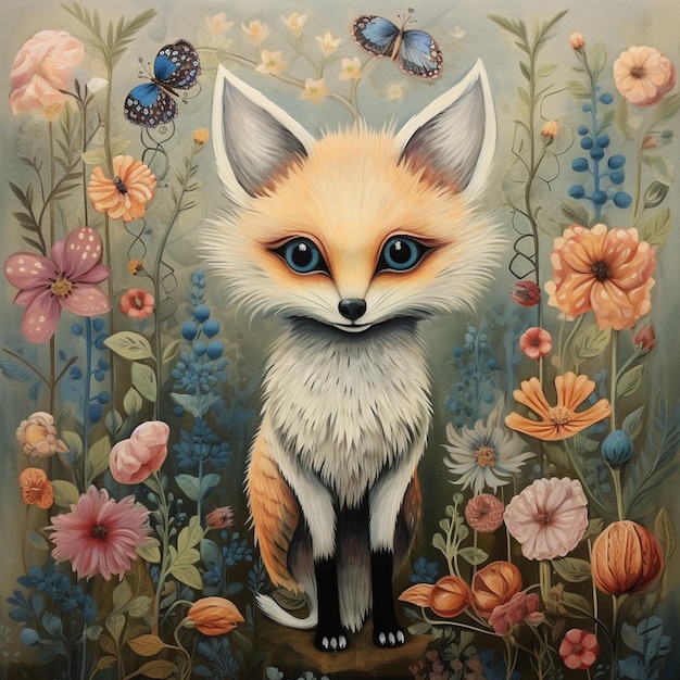 schilderij van een vos die op een boomstam in een tuin zit met bloemen generatieve ai