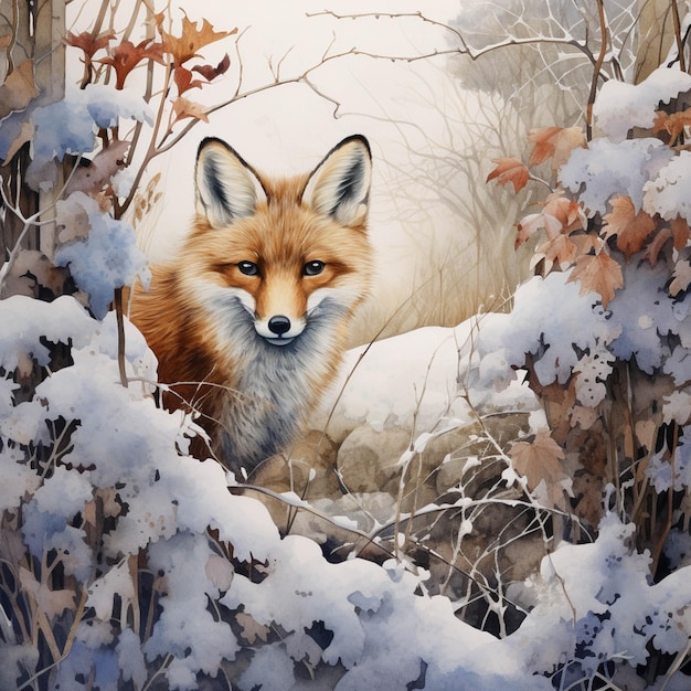Schilderij van een vos in de sneeuw omringd door besneeuwde struiken generatieve ai