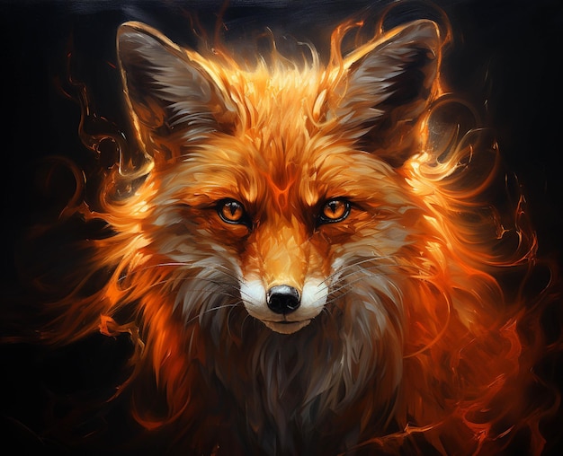 Schilderij van een vos met een rood en oranje vuur op zijn gezicht generatieve ai