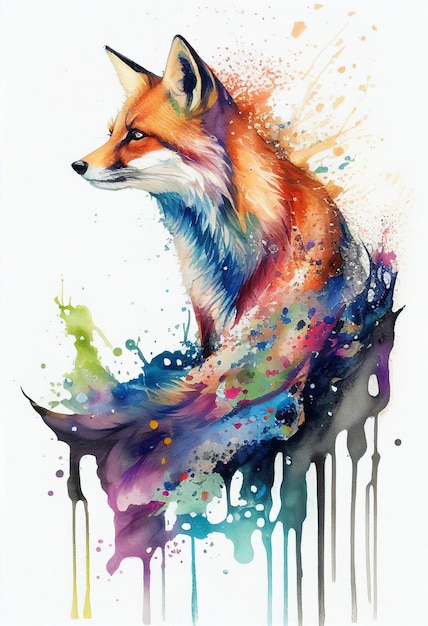 schilderij van een vos met kleurrijke verfspatten op zijn gezicht generatieve ai