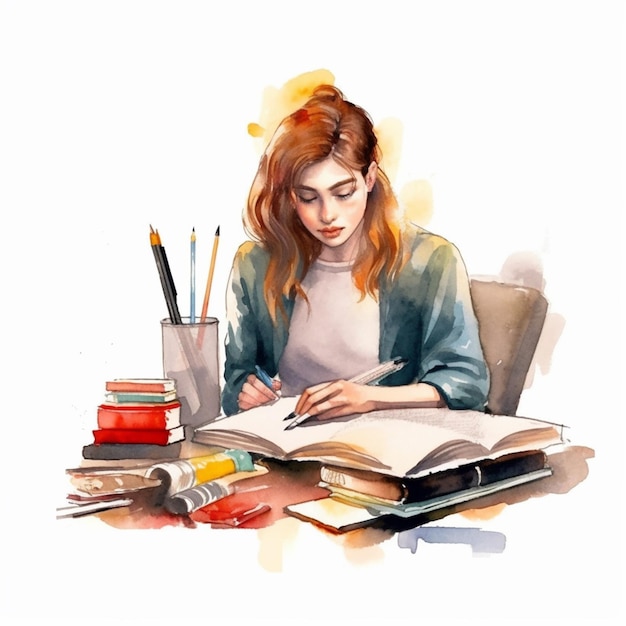 Schilderij van een vrouw die aan een tafel zit met een boek en potlood generatief ai
