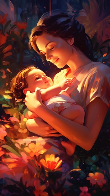 schilderij van een vrouw die een baby vasthoudt in een bloementuin generatieve ai