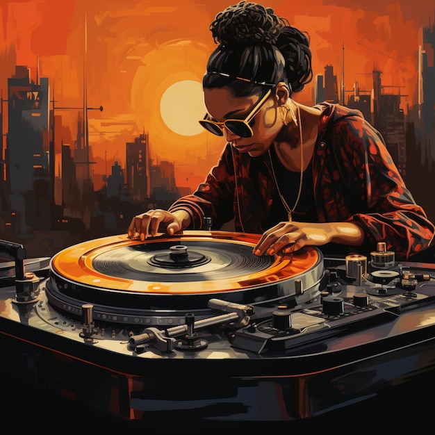 schilderij van een vrouw die een dj-draaitafel speelt voor een stads skyline generatieve ai